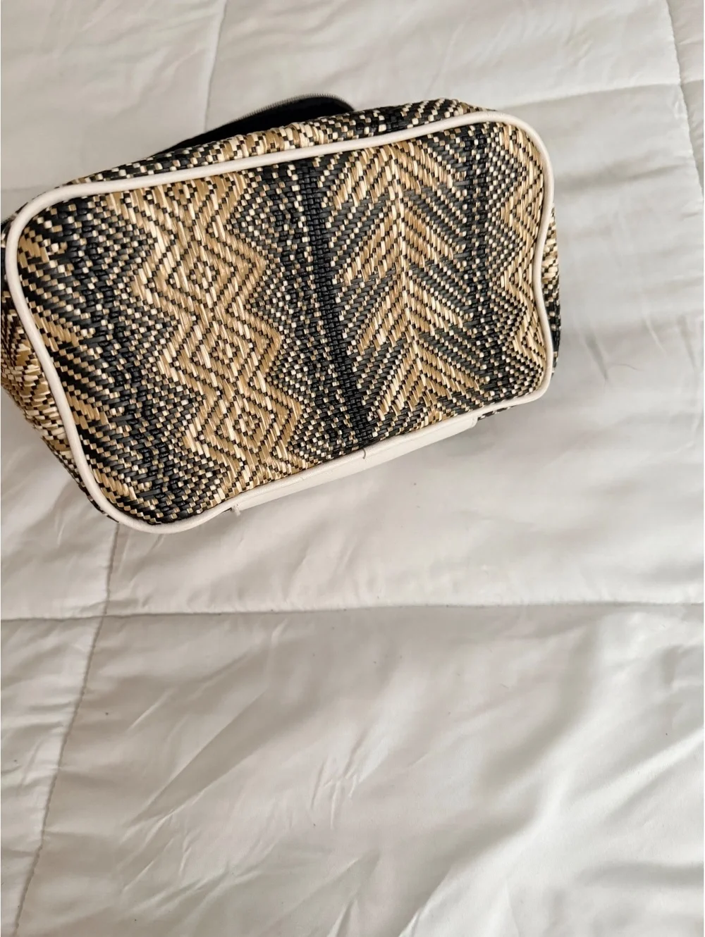Woven Patterned Cosmetic or Toiletry Bag with White Handle
